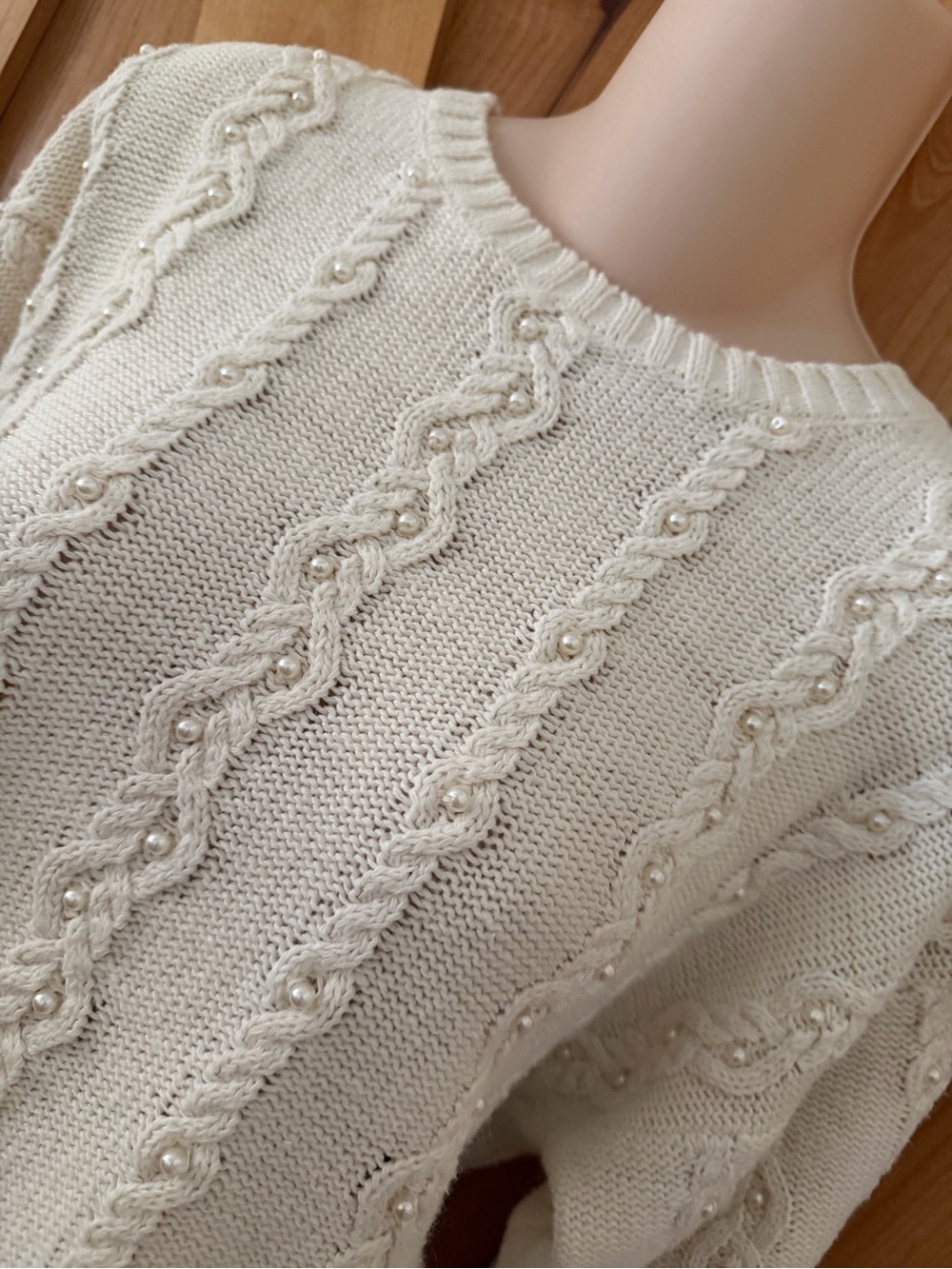 VTG 90s Leslie Fay Pearl Cable Knit Ramie Cotton Oversized Sweater Cottagecore S - Picture 1 of 15